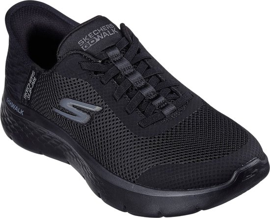 Zwarte Skechers Go Walk Flex instapper met mesh bovenwerk en een grijs Skechers logo op de zijkant.