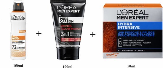 Set van L'Oreal men expert deo, wasgel, Gezichtscrème