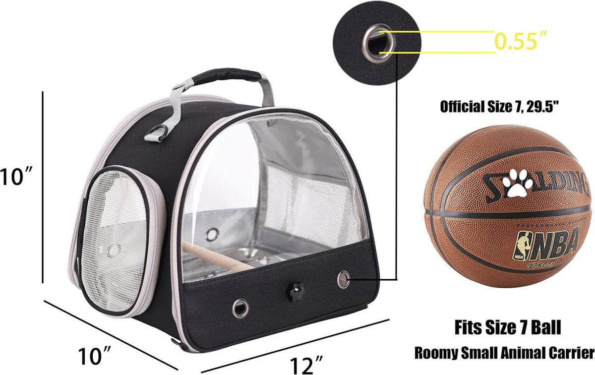 Interfashioner® Kleine Vogelreisdraagtas, Draagbare Vogelkooi voor Papegaai Parkiet Budgie Valparkiet met Zachte Mat en Houten Standaard Perk (Zwart