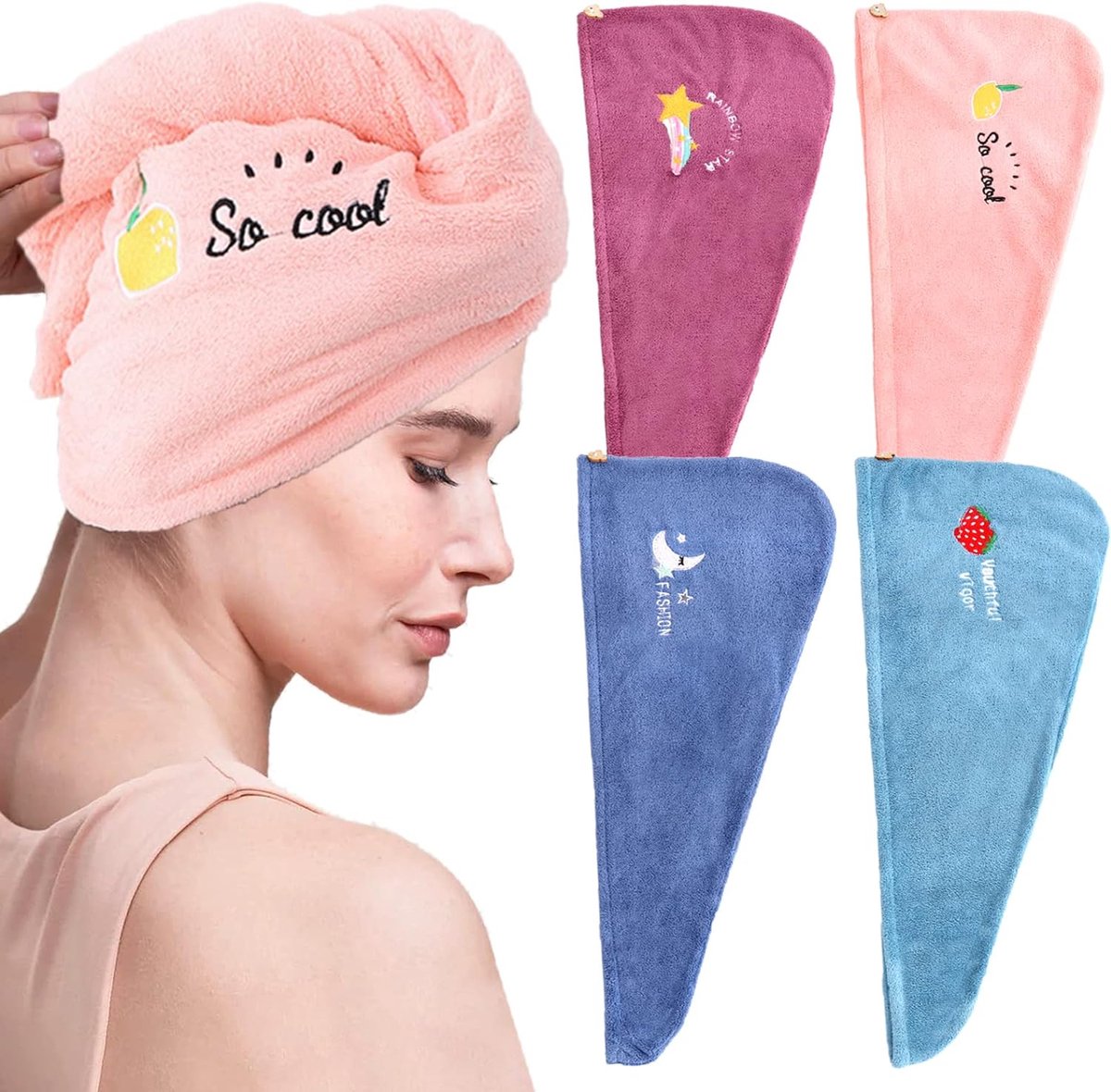 YoulerTex Lot De 2 Serviettes En Microfibre Pour Cheveux - Séchage Rapide - Anti-frisottis - Turban De Douche Pour Femme - Avec Bouton - Rose