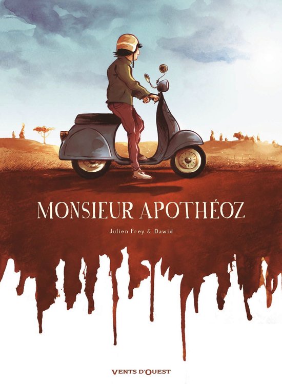 Un jeune homme casqué sur un scooter gris, avec le titre 'MONSIEUR APOTHÉOZ' en lettres blanches.