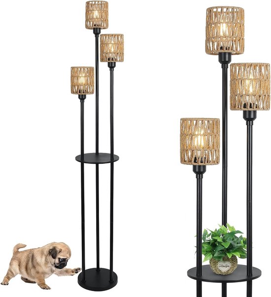 D&B Vloerlamp - Lamp - Staande Lamp - LED Lamp - Met Plankje - 3 Lampjes - Woonkamer - Voetschakelaar - Slaapkamer - E27 Fitting - Lampenkap Rotan - Kleur Zwart