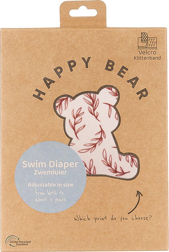 Verpakking van een HappyBear zwemluier met "Twiggy" print, een beervormige uitsnede met bladeren.
