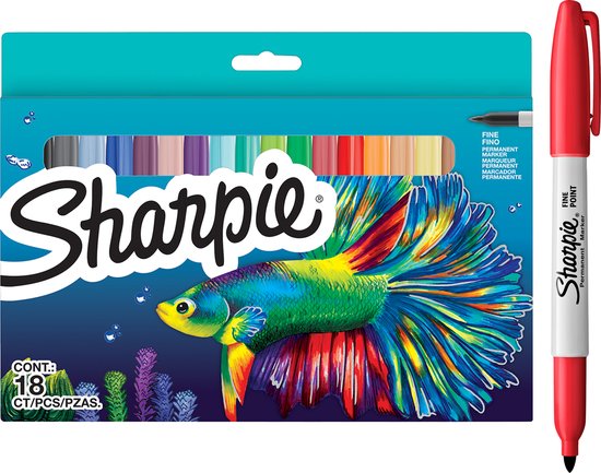 Een doos met 18 Sharpie permanente markers met een felgekleurde visdesign, naast een rode Sharpie marker.