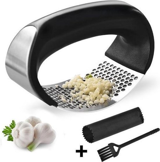 ISKM Presse-ail en acier inoxydable Garlic Press avec éplucheur dail brosse de nettoyage Passe au lave-vaisselle argent/noir 