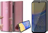 Hoesje geschikt voor Samsung Galaxy A15 - Privacy Screenprotector Volledig Dekkend Glas - Spiegel Book Case Rosegoud