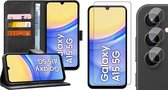 Hoesje geschikt voor Samsung Galaxy A15 - Screenprotector Glas & Camera - Portemonnee Book Case Zwart