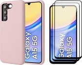 Hoesje geschikt voor Samsung Galaxy A15 - 2x Screenprotector Volledig Dekkend Glas - Mat Back Case Roze