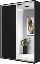 Hoge kledingkast met 2 schuifdeuren - Kledingkast met spiegel - 150x242x45 cm - Zwart - Aluminium handgrepen - Interieur met planken en roede - Hoge kwaliteitsgarantie