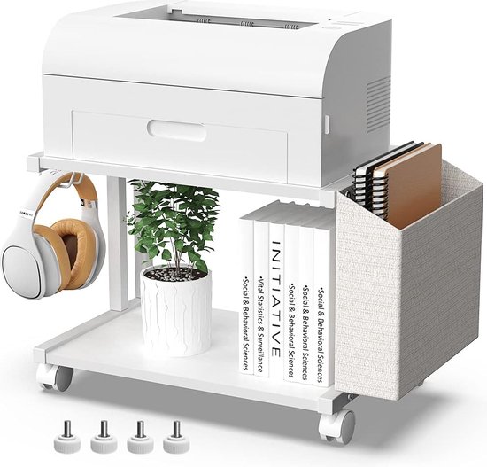 Moderne printerstandaard met 2 etages, van hout, met opbergtas, voor thuis, kantoor, bureau, printer, tafel, organizer, mobiel printerrek, trolley met zwenkwiel (wit)