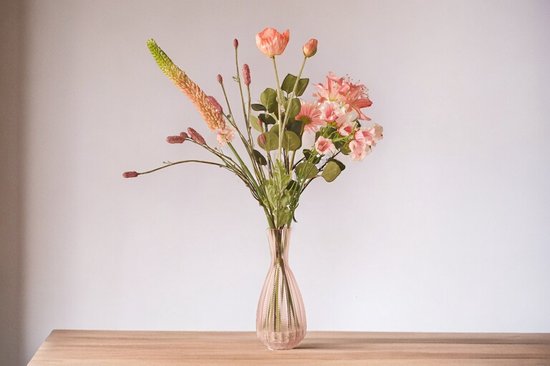 WinQ -Veldboeket - Zijden bloemen compleet in zalm/rose/pink combinatie met Glasvaas- Plukboeket van kunstbloemen in diverse kleuren – Veldboeket compleet met glasvaas.