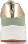 Achterkant van lichtgroene Skechers sneaker met roze hiel en witte zool.