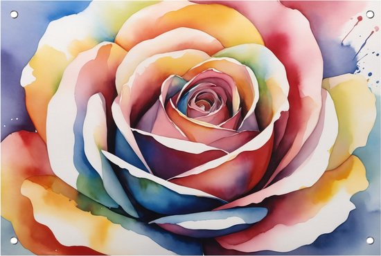 Tuinposter roos - Waterverf posters - Poster kleurrijk - Buiten decoratie - Tuinaccesoires voor aan de muur - Tuin decoratie - 90 x 60 cm