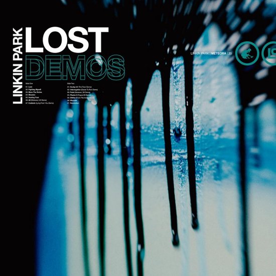 Pochette de l'album 'Lost Demos' de Linkin Park avec dégradé bleu, gouttes noires et liste des pistes.