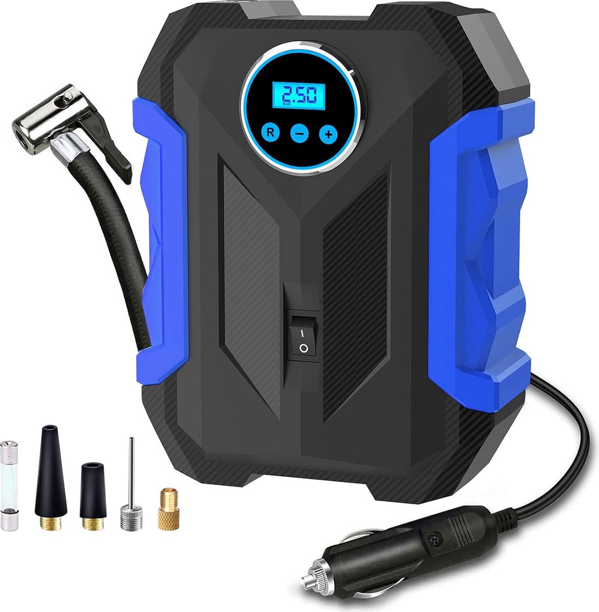 Draagbare Bandenpomp en Luchtcompressor met Bandenspanningsmeter en LED-licht - Compact en Handig - Voor Auto, Fiets en Meer - Inclusief Verschillende Mondstukadapters