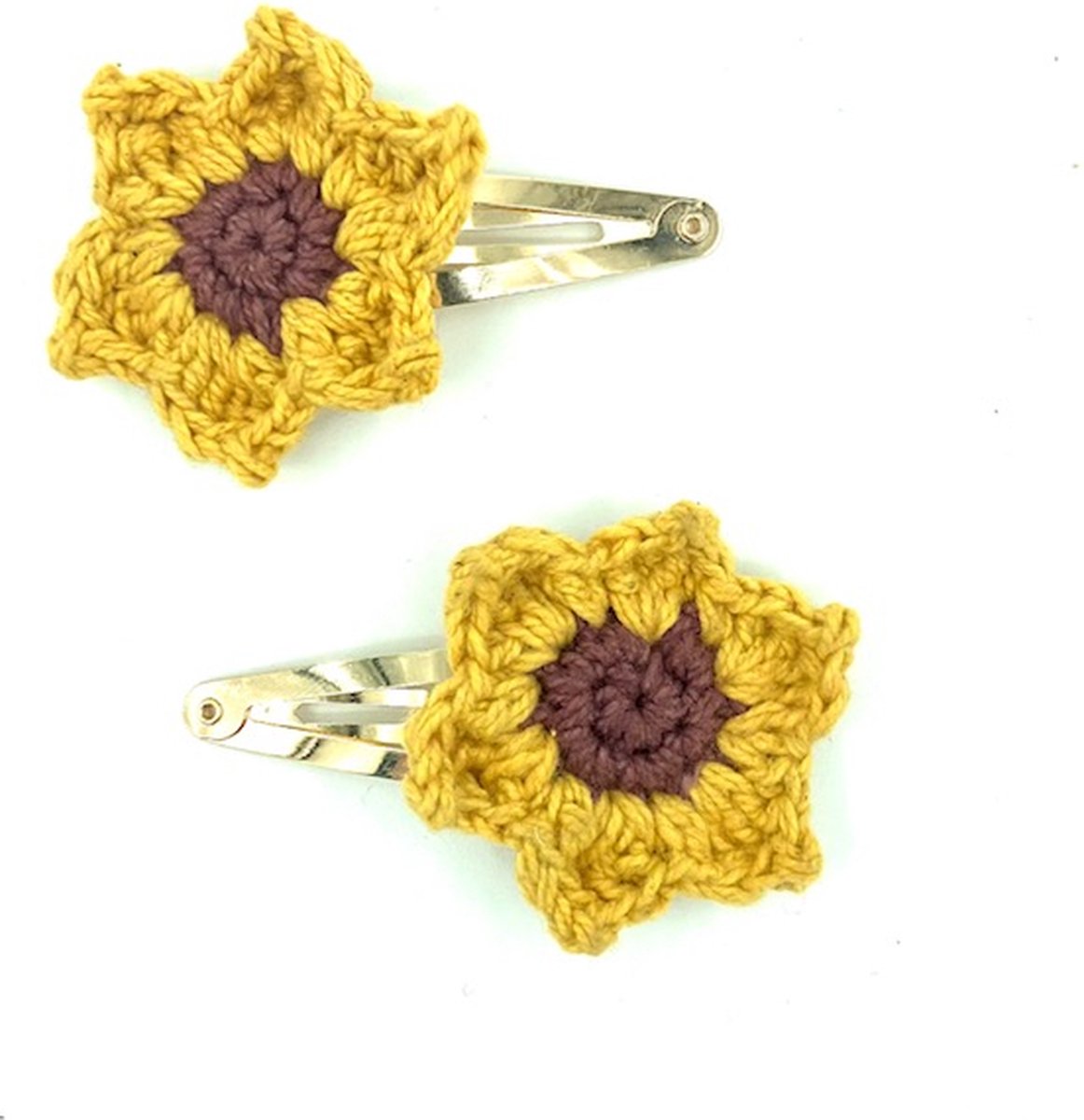 Luna-Leena duurzame haarspeldjes zonnebloem geel (set) - L5cm - bio katoen - klik klak speld goudkleurig - hand gehaakt in Nepal - sunflower hair clips - haar accessoires - cadeau - verjaardag - sieraad - hairclip - bloemen spelden