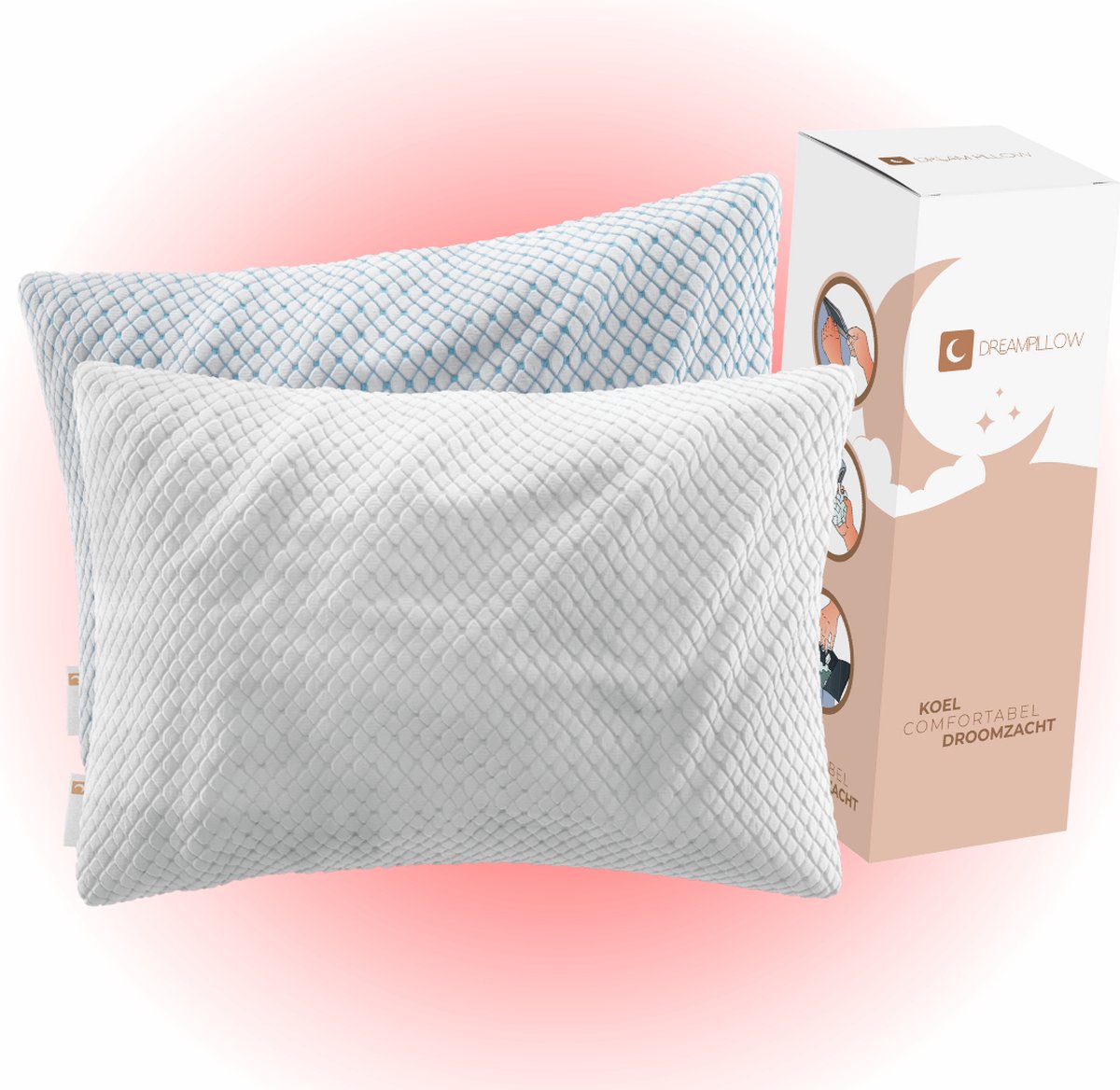Dreampillow Hoofdkussen - Traagschuim Hoofdkussen - Hoofdkussen Nekklachten - 30 Dagen Proefslapen - Geschikt voor RUG, Buik en ZIJ slapers - Afstelbaar Design - Orthopedisch - Memory Foam - Warme en Koude kant wit met lichtblauw