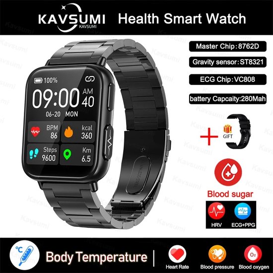 Foto: Nauwkeurige meting bloedglucose smart watch insuline bloedsuiker pijnloos meten ecg ppg hartslag bloed zuurstof gezondheid smartwatch sport horloge geschikt voor android zwarte stalen band