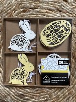 Schattige houten konijn / eieren figuren - Happy Easter - Paasdecoratie | Konijntjes hout - Hanger - Paashangers | | Decoratie kinderkamer - Versiering | Geboorte - Baby - Babyshower | Guirlande - Banner | Pasen - Paashaas - Haas | Set van 8 stuks!