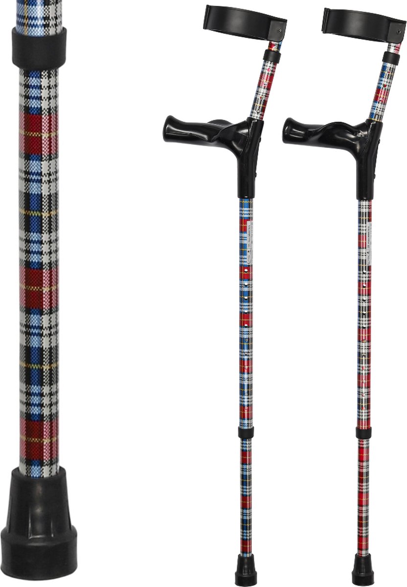 Goedkoopste Elleboogkrukken ergonomisch met blauw/rood geruite print - Loopkrukken - krukken anatomische handvatten, gesloten manchet - Set - paar van 2