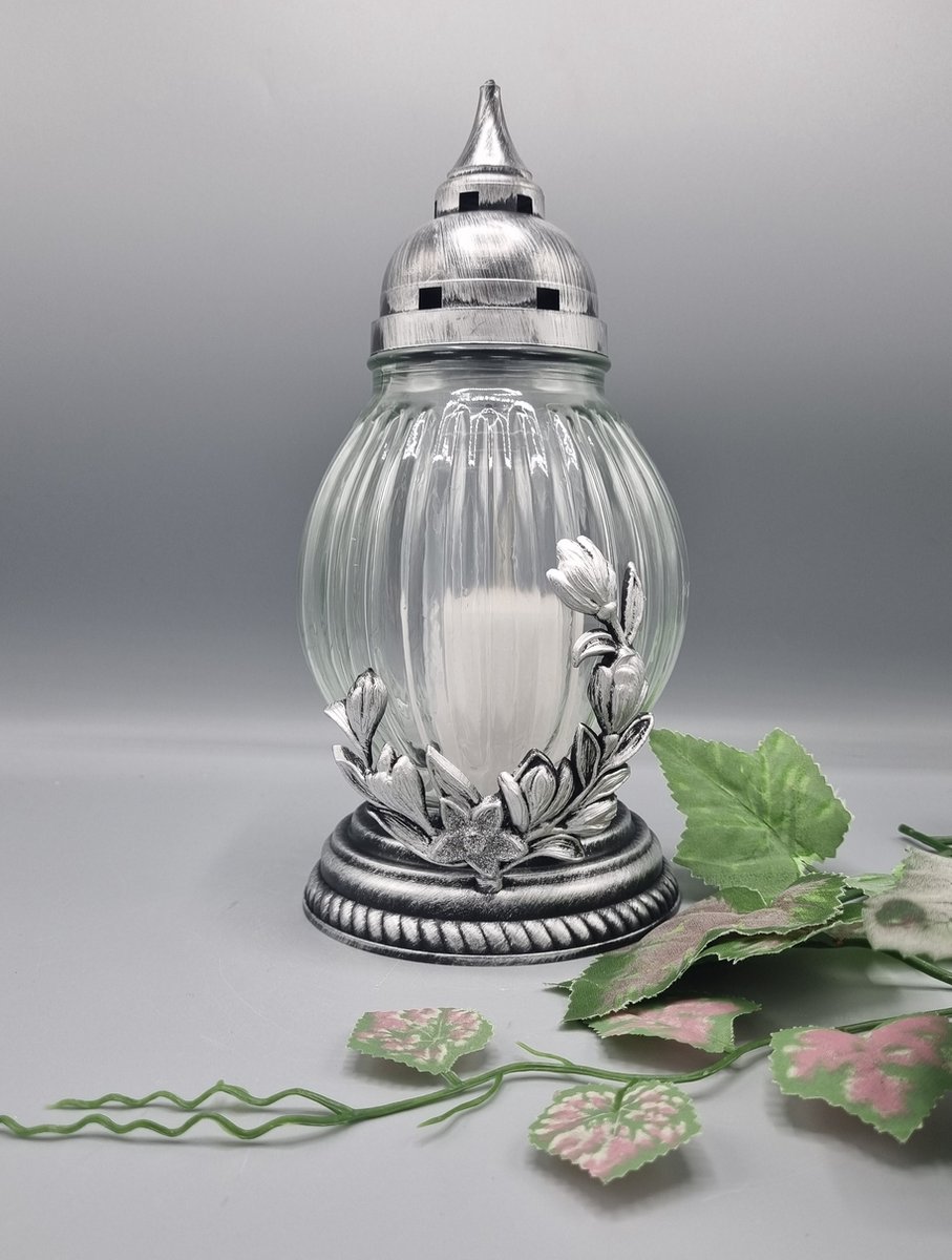 Herdenkingslicht - R492g-sr - Zilver - Bloemen - Grafkaars – Graflicht – Graflantaarn – Grafdecoratie - Windlicht