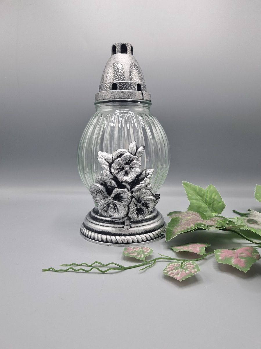 Herdenkingslicht - R492f-sr - Zilver - Viooltjes - Grafkaars – Graflicht – Graflantaarn – Grafdecoratie - Windlicht