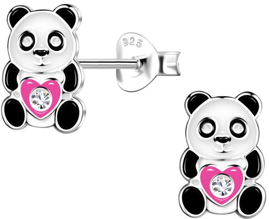 Joy|S - Zilveren Panda oorbellen - 6 x 9 mm - zwart wit met roze hartje - kristal - kinderoorbellen