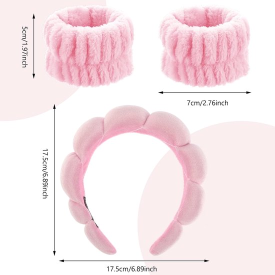 Sibba Spons Spa hoofdband voor vrouwen, zachte make-uphoofdband en polsband, set huidverzorgingshoofdbanden, badstof, bubbel-haarband voor gezichtswassen, make-up verwijderen, spa, yoga, sport, douche