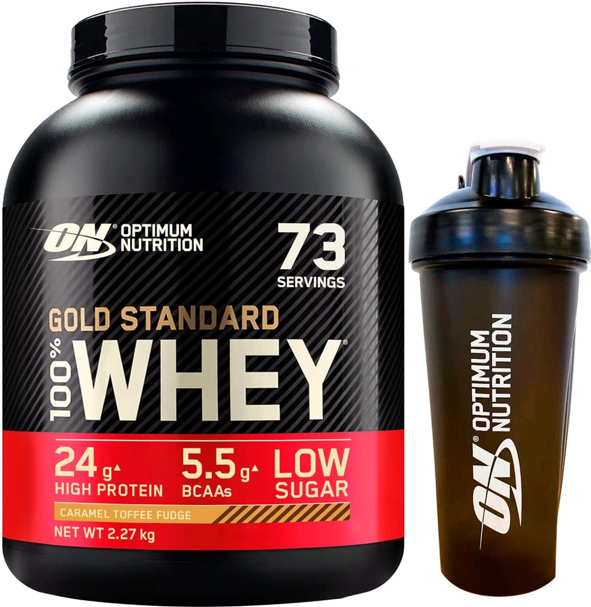 Goedkoopste Optimum Nutrition Gold Standard 100 Whey Protein Bundel – Caramel Toffee Fudge Proteine Poeder ON Shakebeker – 2270 gram (71 servings