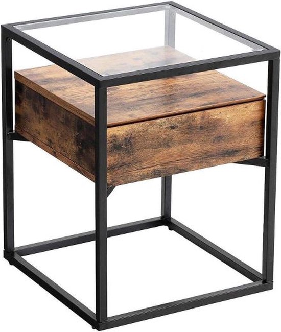 VASAGLE Table de chevet, table d'appoint, table de chevet, table en verre avec tiroir, ensemble canapé, Vintage Brun-noir LET04BX