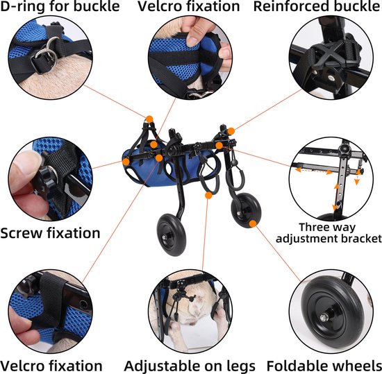 Verstelbare 2 wielen hond rolstoel voor kleine hondjes,XXL-2 grootte voor achterpoten revalidatie,Hoogte 55-70cm,Breedte 24-32cm,Lengte 35-45cm