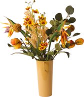 WinQ -PlukBoeket Kunstbloemen compleet gebonden geleverd- Zijden bloemen in de kleurstelling Geel/Oker -Boeket compleet met hoogglans metalen vaas