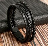 F I K A - Armband - Heren - Sieraad - Leer - RVS - Kralen - Gevlochten - Zwart - 21 cm - Magnetische sluiting - Stoer - Hip - Trendy - Cadeau voor hem