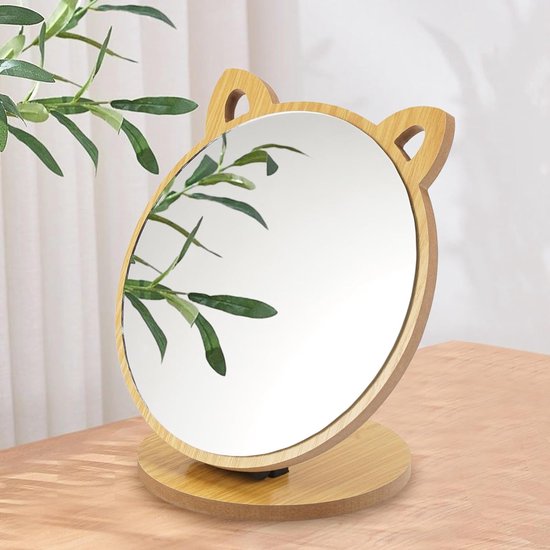 XFLYP 360 Graden Draaibaar Tafelblad Make-up Spiegel met Standaard, Houten Vanity Mirror Desktop Spiegel Houten Frame Cosmetische HD Spiegel voor Kantoor, Slaapkamer, Badkamer, Rond Draaibaar