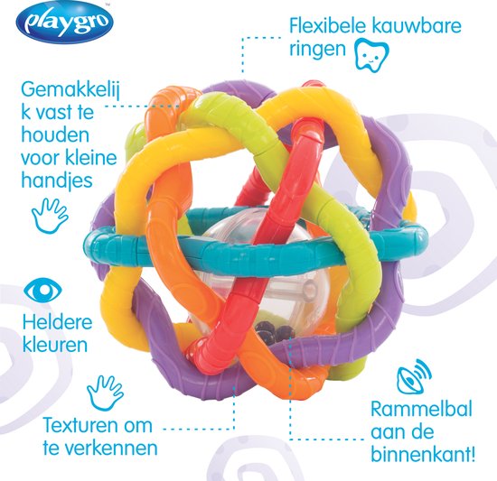 De Playgro Bendy Ball: flexibele ringen, makkelijk vast te houden, heldere kleuren, texturen en rammelaar.
