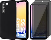 Hoesje geschikt voor Samsung Galaxy A25 / A24 - 2x Privacy Screenprotector Volledig Dekkend Glas - Mat Back Case Zwart