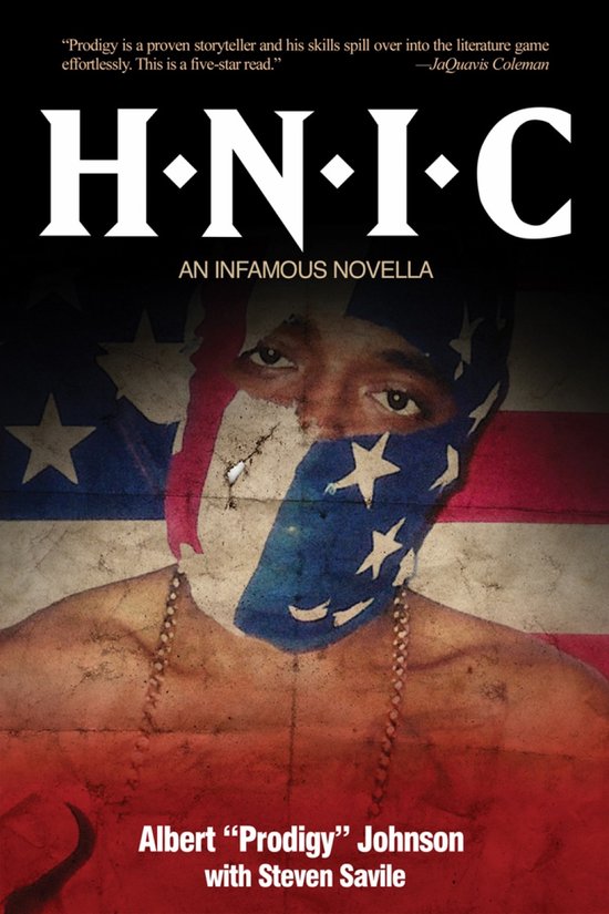 H.N.I.C. An Infamous Novella. Boek met een Amerikaanse vlag als masker, met citaat van JaQuavis Coleman.