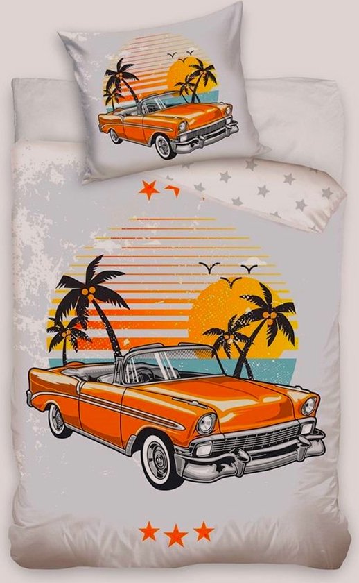 1-persoons jongens dekbedovertrek (dekbed hoes) “retro oldtimer auto” licht grijs met oranje Amerikaanse Beverly Hills auto (car / wagen) met palmbomen en sterren KATOEN eenpersoons 140 x 200 cm