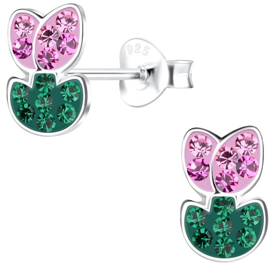 Joy|S - Zilveren tulp oorbellen - 6 x 9 mm - roze groen - met kristalletjes - bloem oorknoppen - kinderoorbellen
