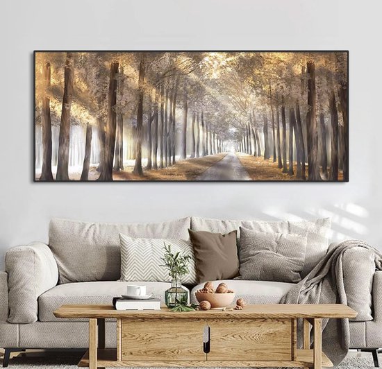Allernieuwste.nl® Peinture sur toile Paysage de chemin forestier avec rayons de soleil - Art sur votre mur - salon - Affiche - 50 x 120 cm - couleur