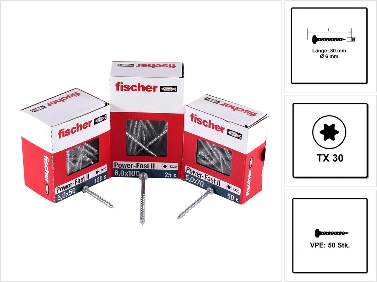 Fischer 50x Power-Fast II FPF II PTP 6 x 80 mm BC aan Head met binnenster TX deelthread gegalvaniseerd blauw gepassiveerd - 670534