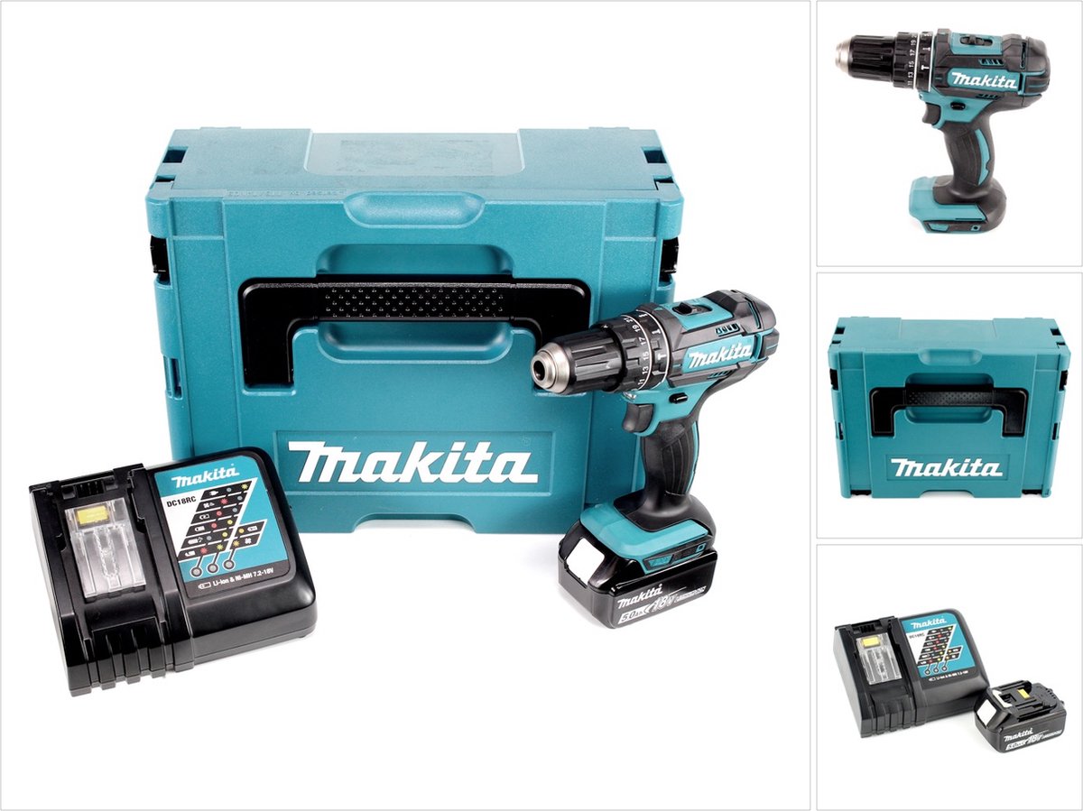Makita DHP 482 RT1J accu klopboormachine 18V 62Nm in Makpac + 1x 5.0 Ah accu + lader