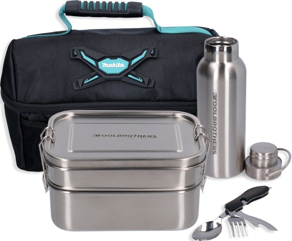 Toolbrothers Fan lunchpakket in Makita koeltas met roestvrijstalen broodtrommel met 2 lagen en roestvrijstalen deksel 1340 ml + roestvrijstalen drinkfles 500 ml + 4-in-1 multifunctioneel bestek