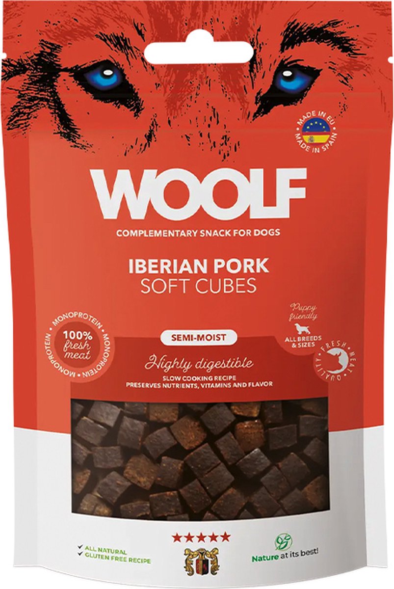 woolf-soft cubes- hondensnack- ook geschikt voor pup- iberian porc-monoprotein-100gr - 100% all nature -