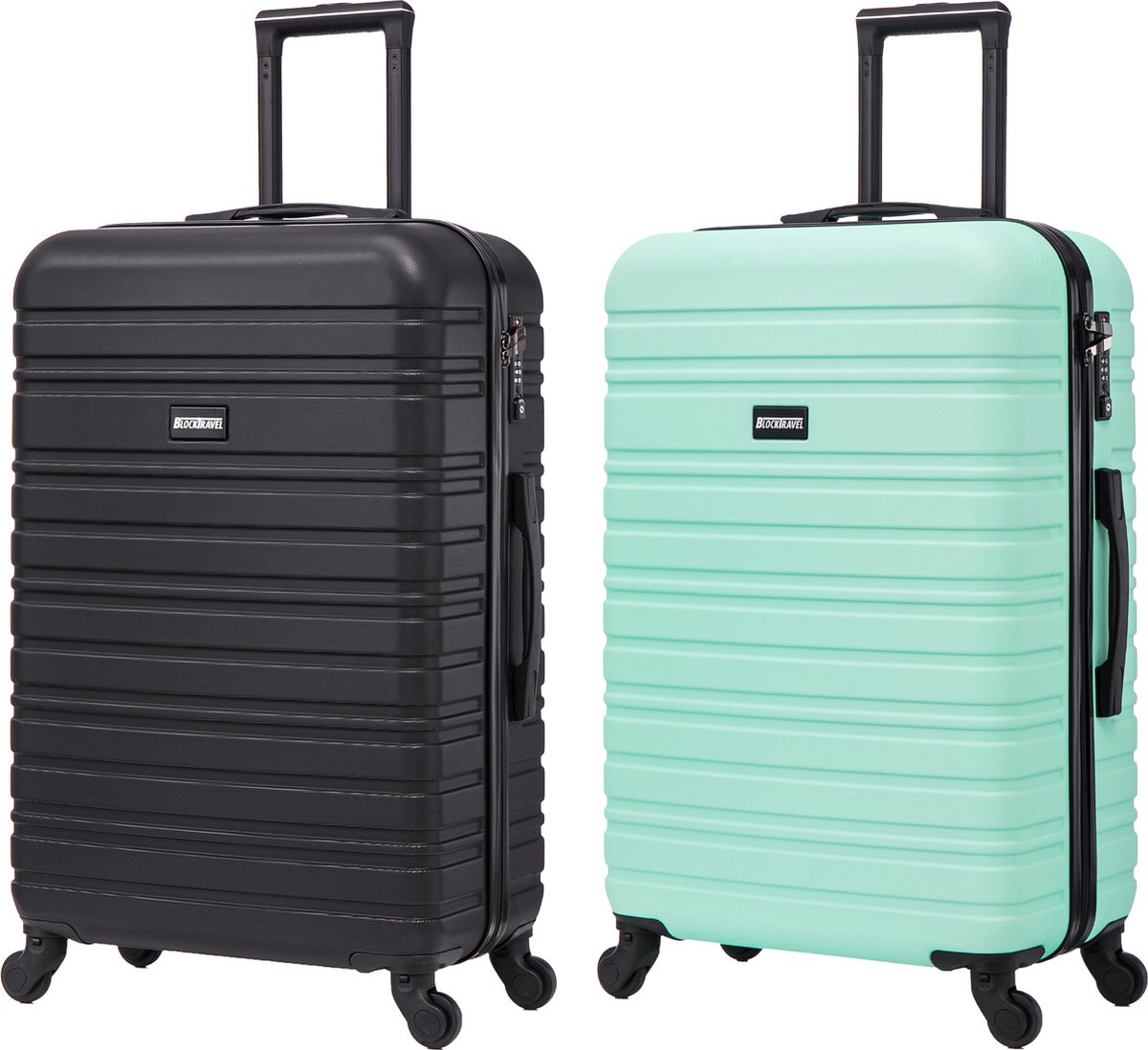 BlockTravel - kofferset - 2 delig - ABS - ruimbagage - met wielen afneembaar - 74 liter - inbouw TSA slot - zwart - mint groen