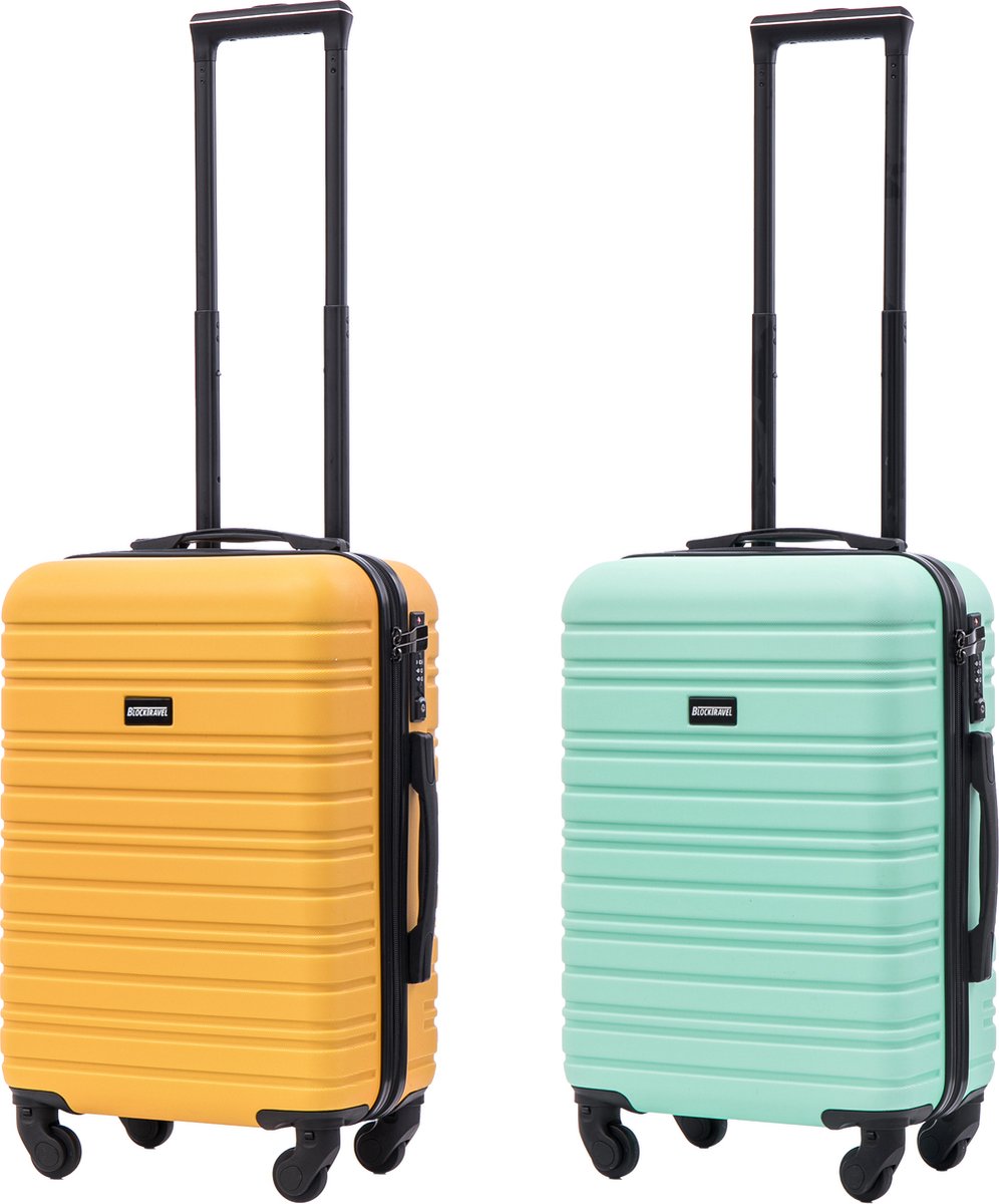 BlockTravel - kofferset - 2 delig - ABS - handbagage - met wielen afneembaar - 39 liter - inbouw TSA slot - geel - mint groen