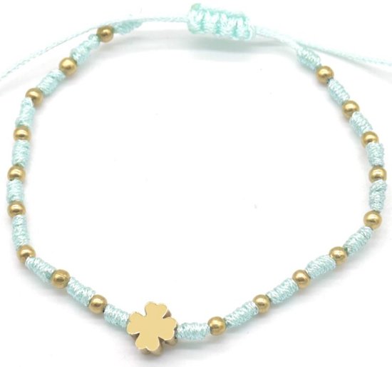 Bracelet en Tissus Femme - Perles et Trèfle en Acier Inoxydable - Cordon - Corde - Longueur Ajustable - Doré et Bleu Vieux