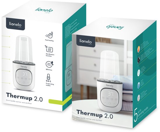 Verpakking van de "Thermup 2.0" flesverwarmer van Lionelo. Eén doos toont de functies, de andere de flesverwarmer in een keukenomgeving.