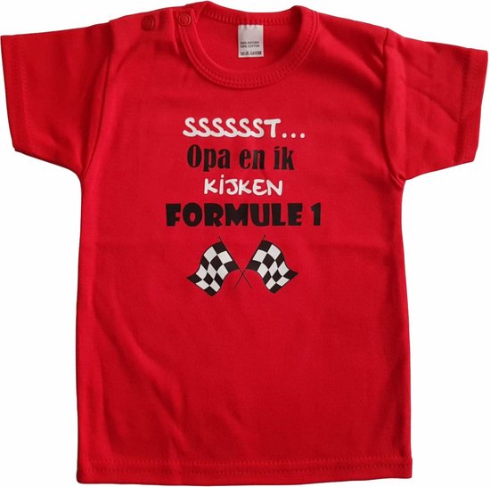 Rood baby t-shirt met "Sssssst... Opa en ik kijken Formule 1" - maat 68 - babyshower, zwanger, cadeautje, kraamcadeau, grappig, geschenk, baby, tekst, bodieke, grootvader, opadag