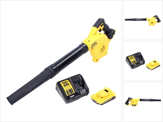 Gele accubladblazer van DeWalt met zwarte slang, lader en 18V accu.